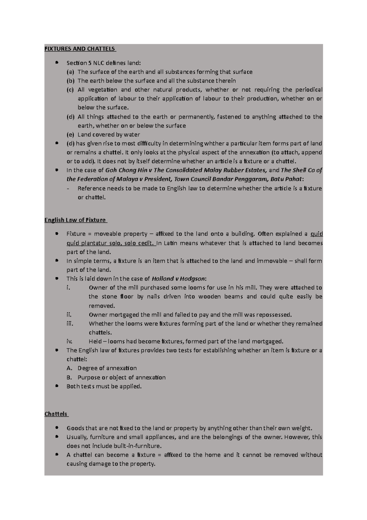 Fixtures and Chattels Notes FIXTURES AND CHATTELS Secion 5 NLC