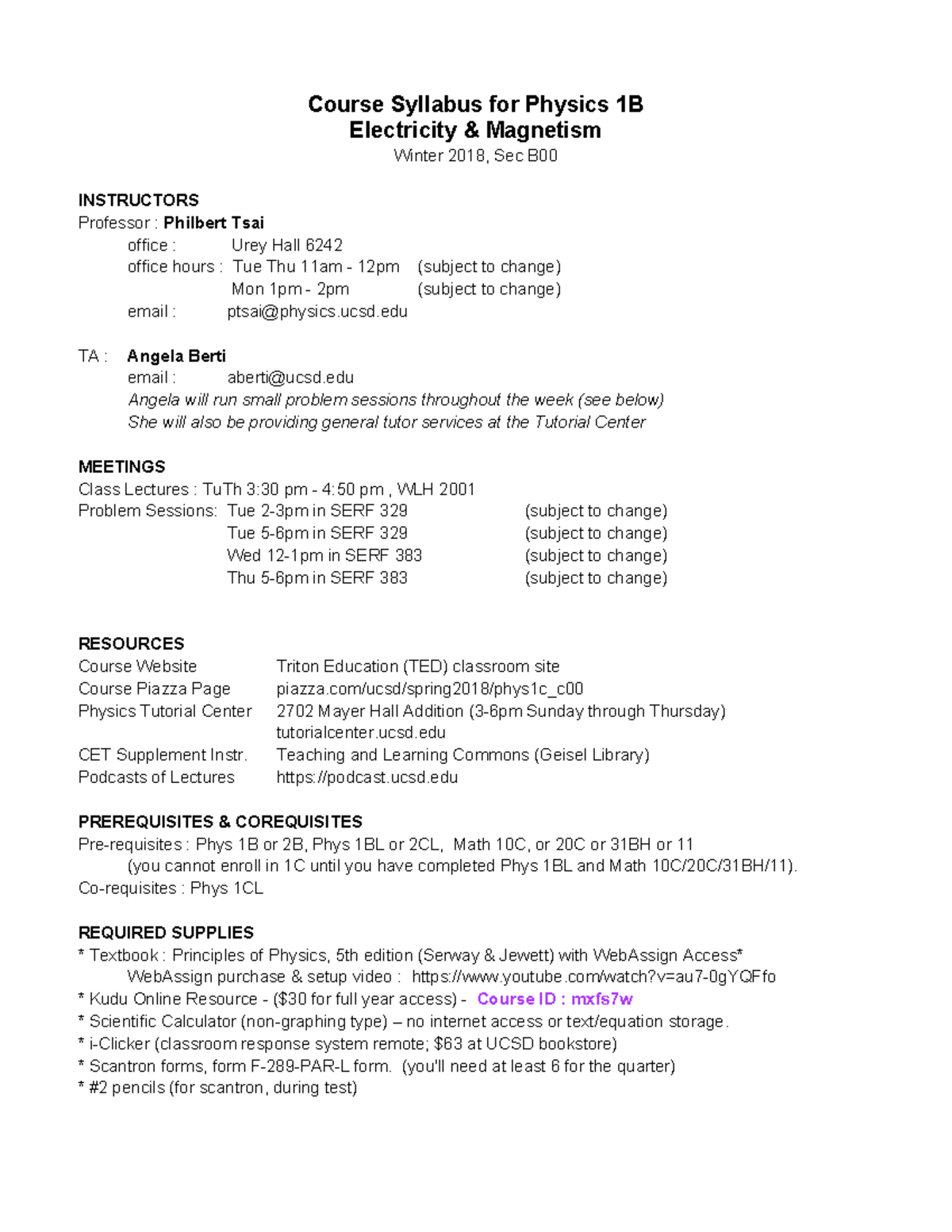 PHYS 1c Syllabus - Course Syllabus For Physics 1B Electricity ...