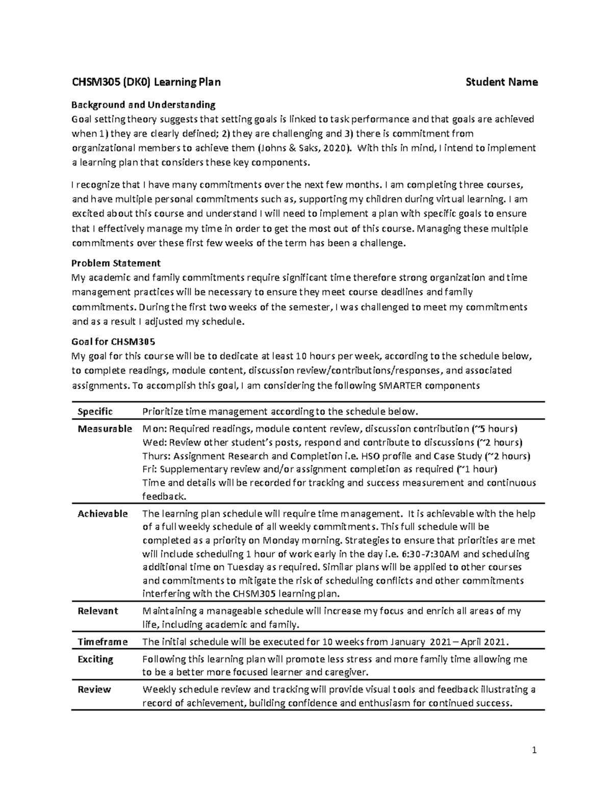 CHSM305 Learning Plan - Example - 1 CHSM305 (DK0) Learning Plan Student ...