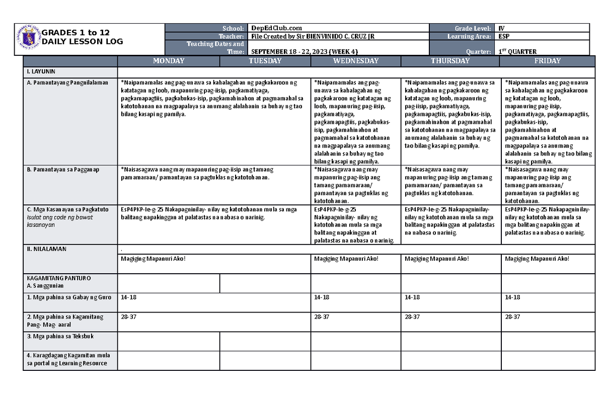 DLL ESP 4 Q1 W4 - Uyew - GRADES 1 To 12 DAILY LESSON LOG School ...