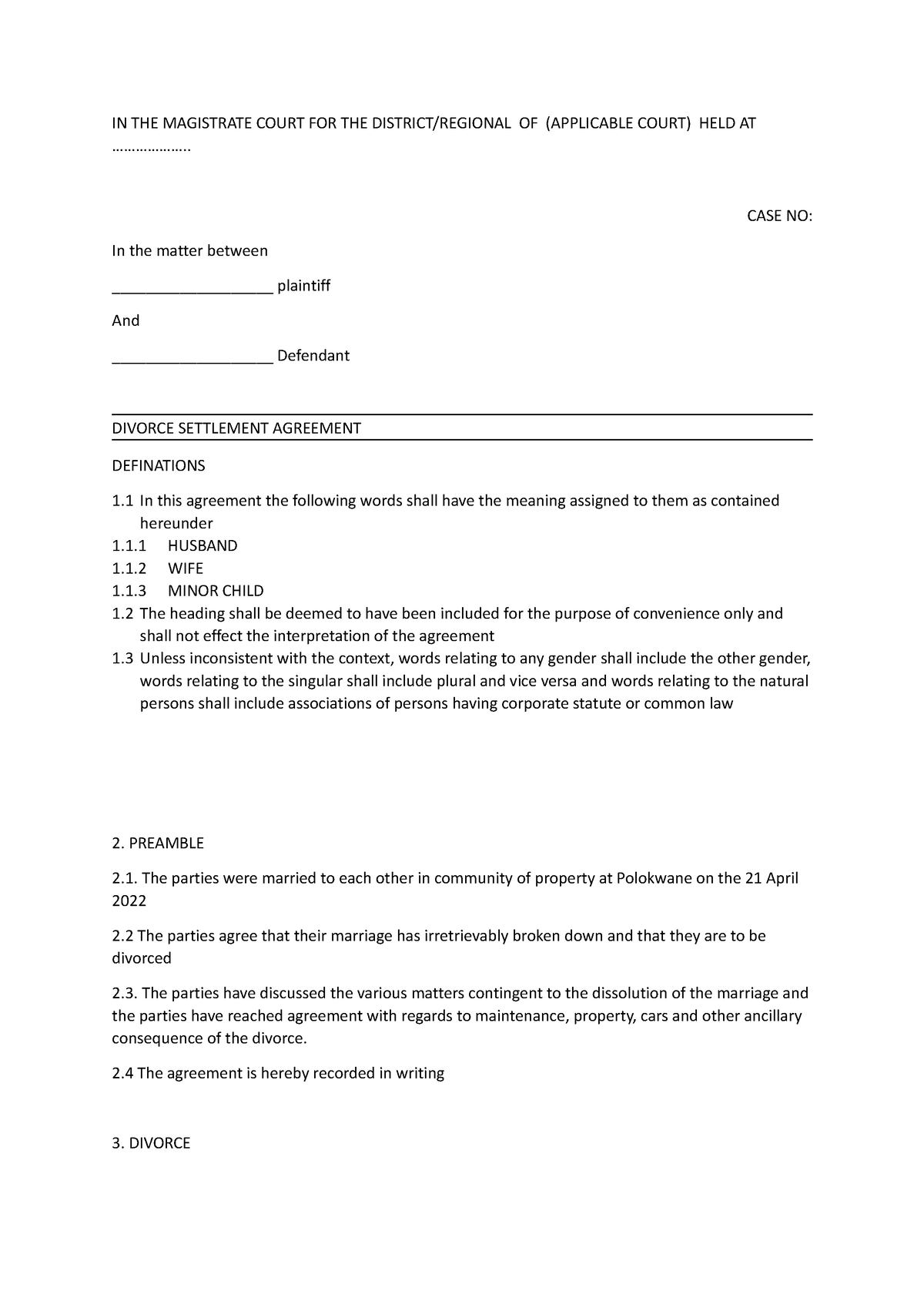 Divorce settlement - IN THE MAGISTRATE COURT FOR THE DISTRICT/REGIONAL ...