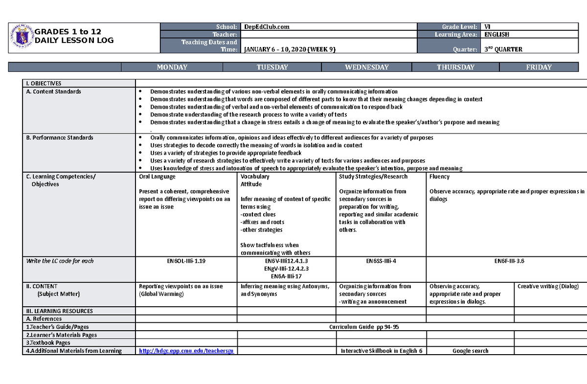 Daily Lesson Log in English Week 9 Q3 Coursework - Study and Thinking ...