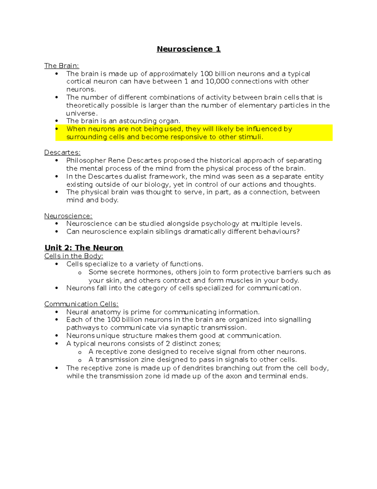 PSYCH 1XX3- Neuroscience 1 Module - Neuroscience 1 The Brain: The Brain ...