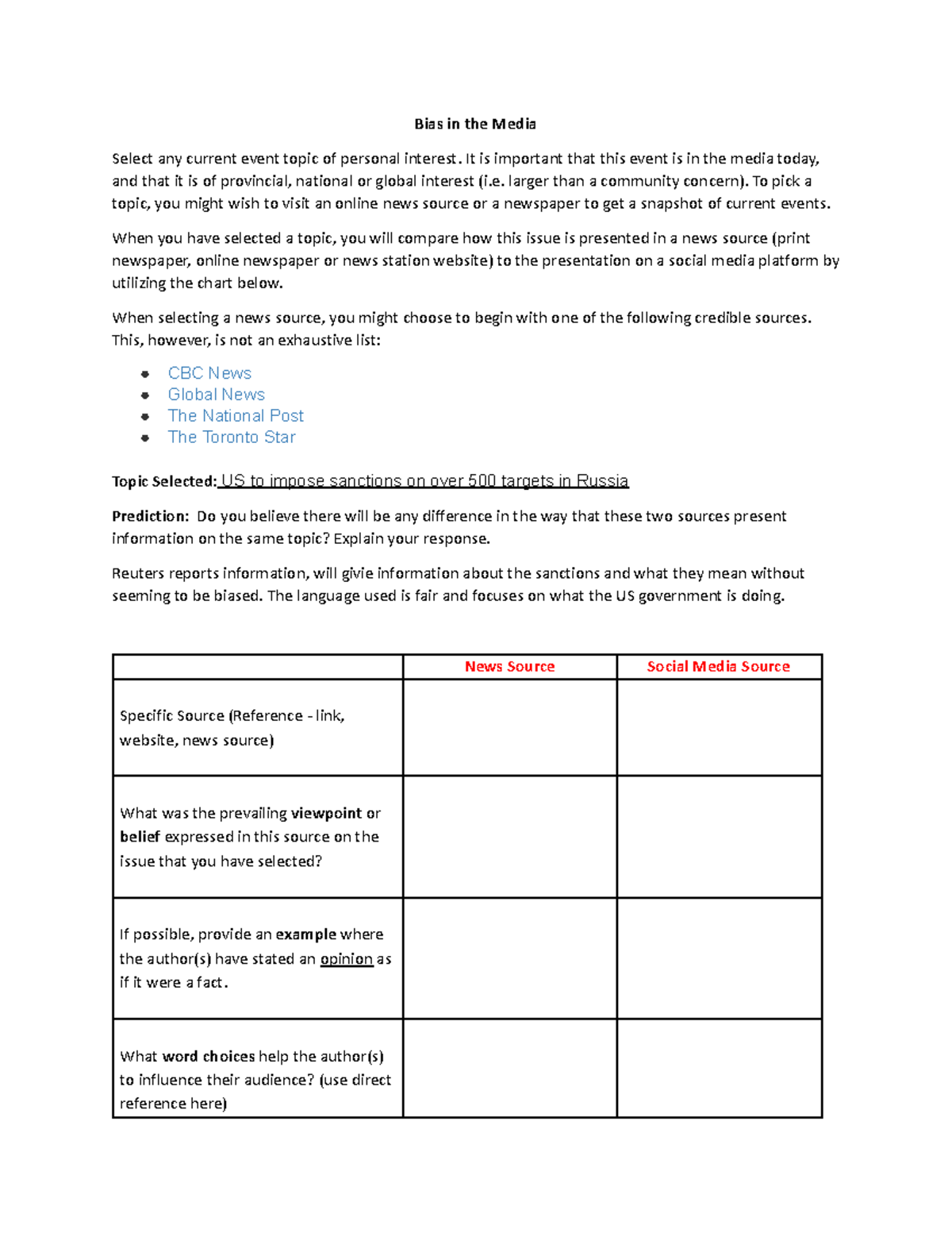 Bias in the Media HSB - project - Bias in the Media Select any current ...