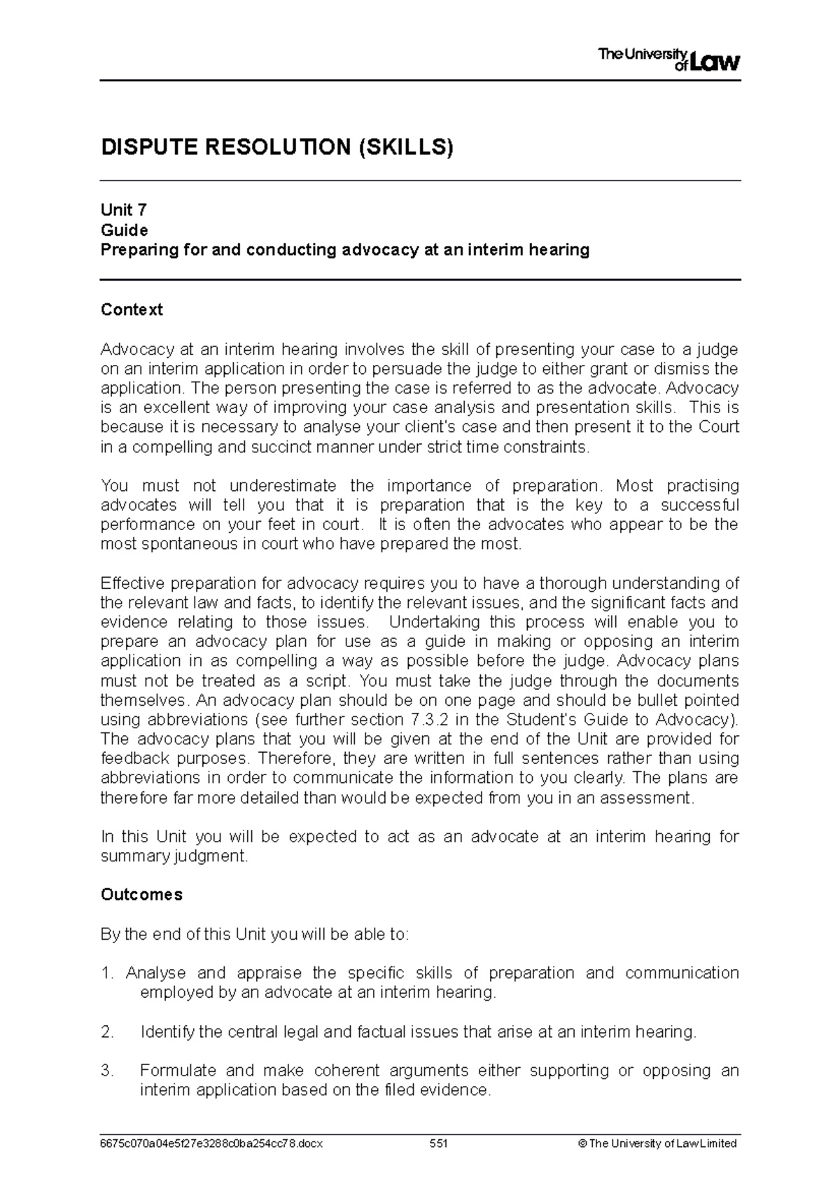 Workshop 7 Guide - DISPUTE RESOLUTION (SKILLS) Unit 7 Guide Preparing ...