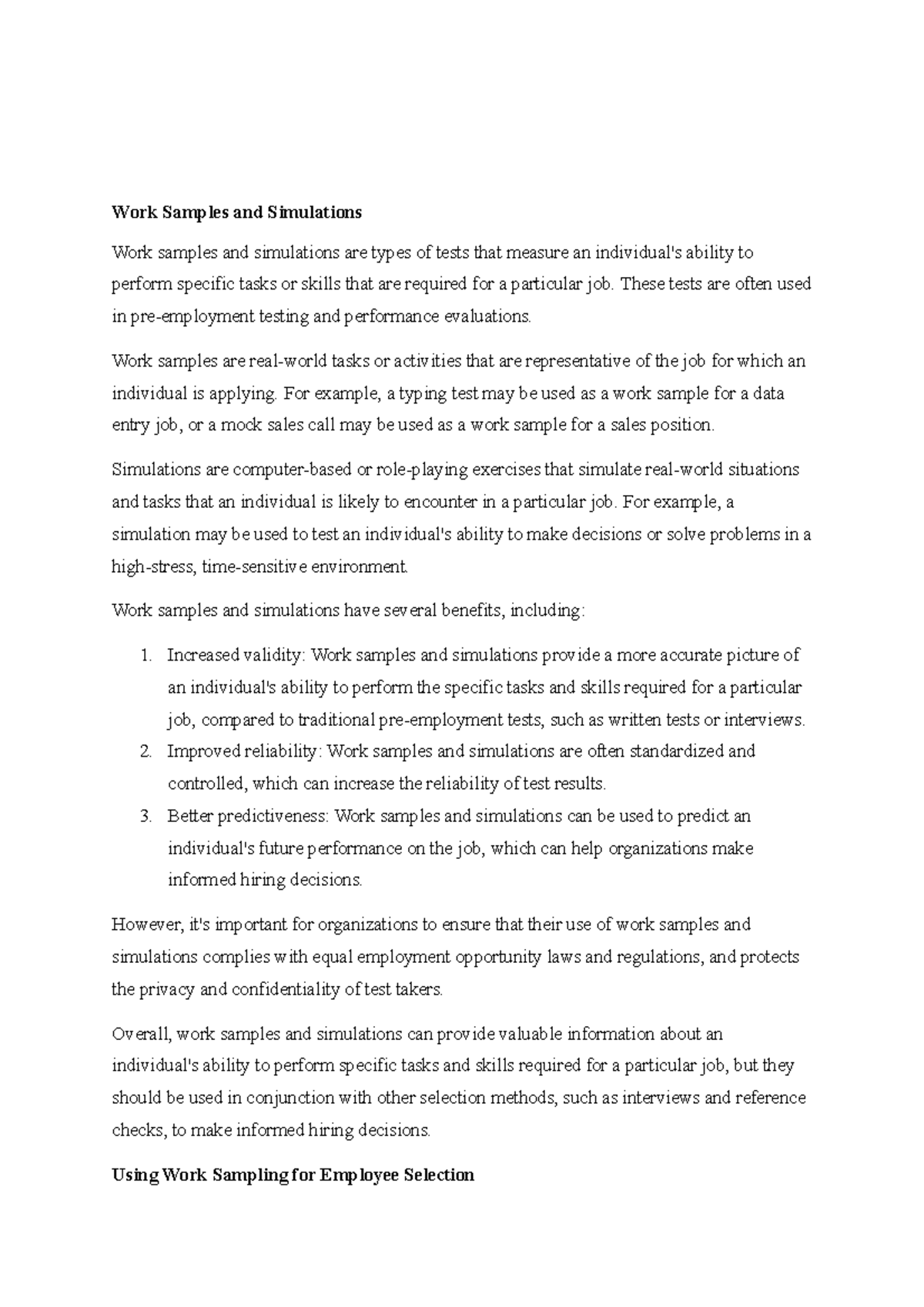 Work Samples and Simulations - These tests are often used in pre ...