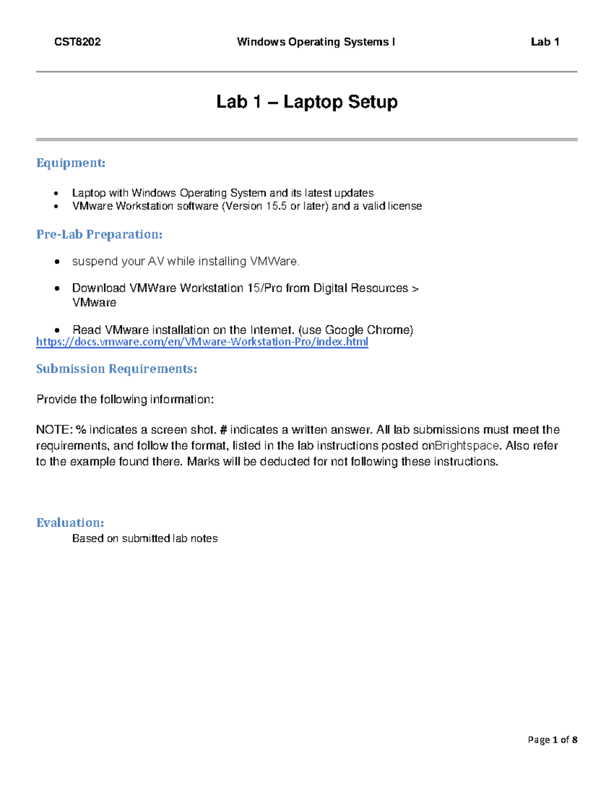 Lab 1 - Laptop Setup Rev Sept 2019 - Lab 1 – Laptop Setup Equipment ...