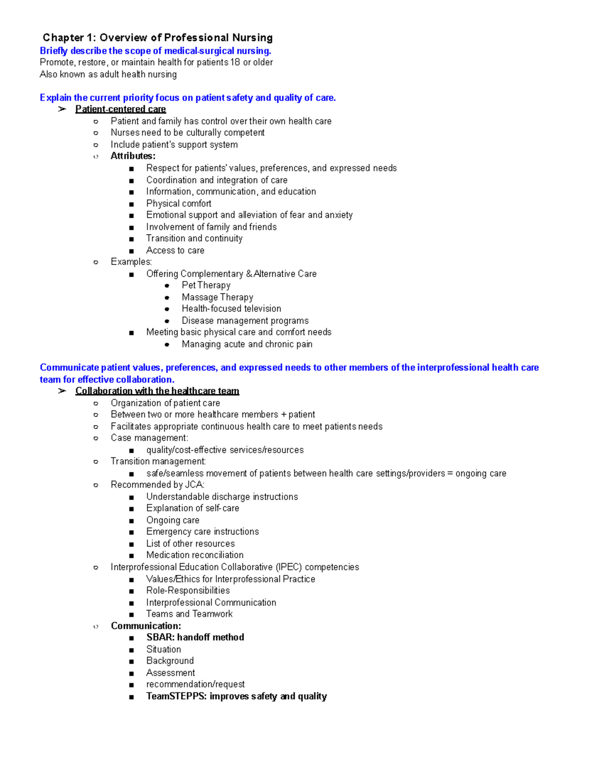 Med Surg Exam 1 - Med Surg Notes - Chapter 1: Overview Of Professional ...