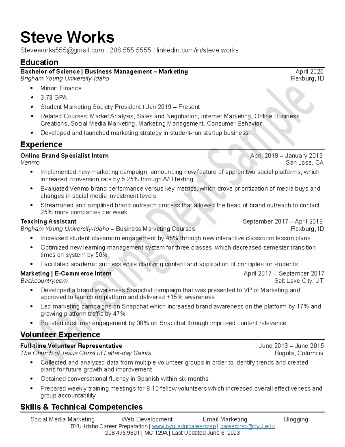 Marketing Sample Resume (Meeger) - Steve Works Steveworks555@gmail ...