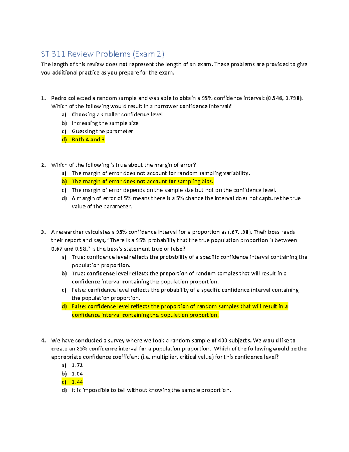Review Problems Exam 2 - KEY - ST 311 Review Problems (Exam 2) The ...