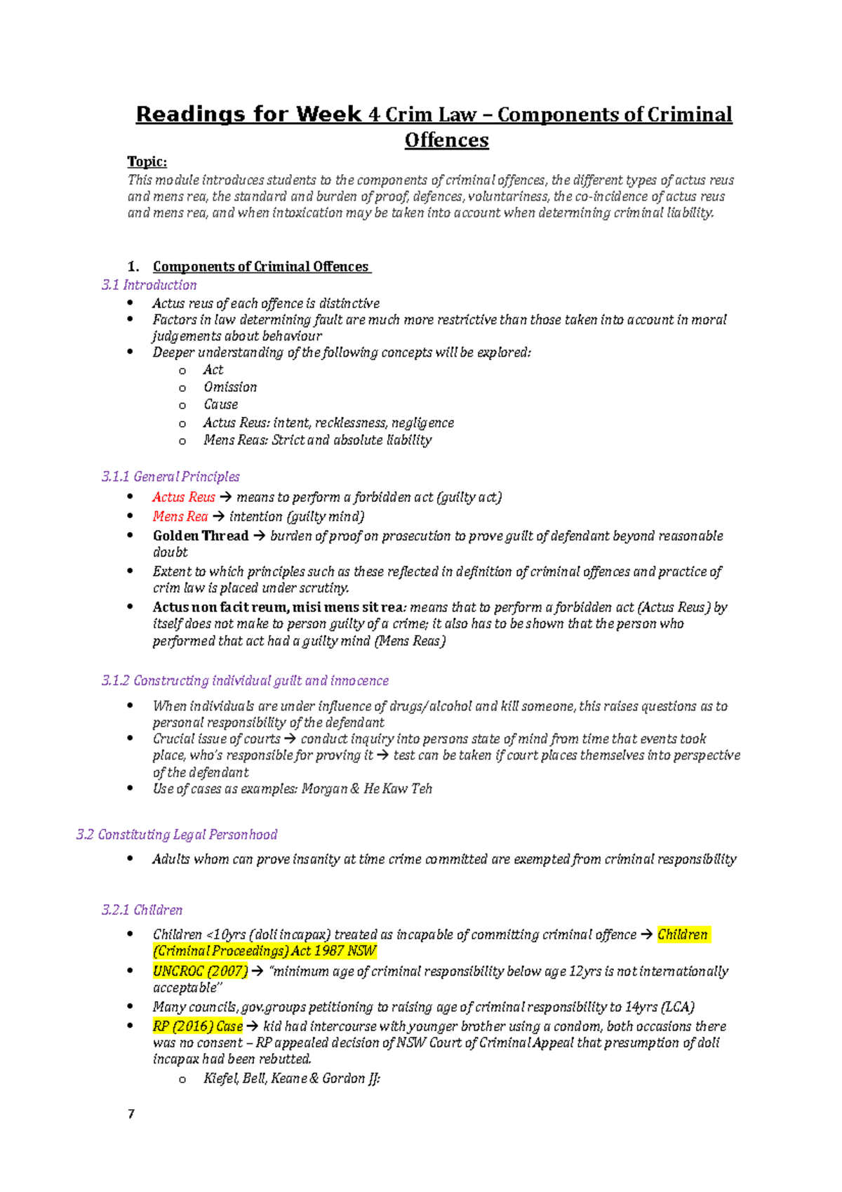 Readings For Week 4 Crim Law - Components Of Criminal Offences ...