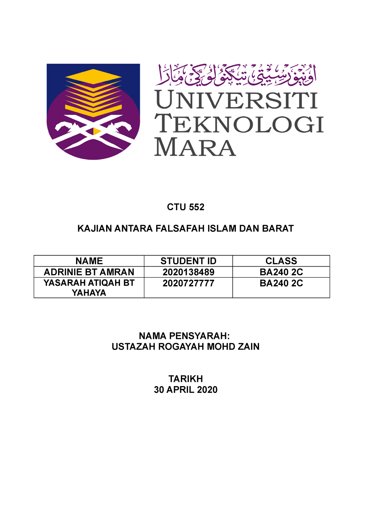 Ctu552 Assignment - Grade: A - CTU 552 KAJIAN ANTARA FALSAFAH ISLAM DAN ...