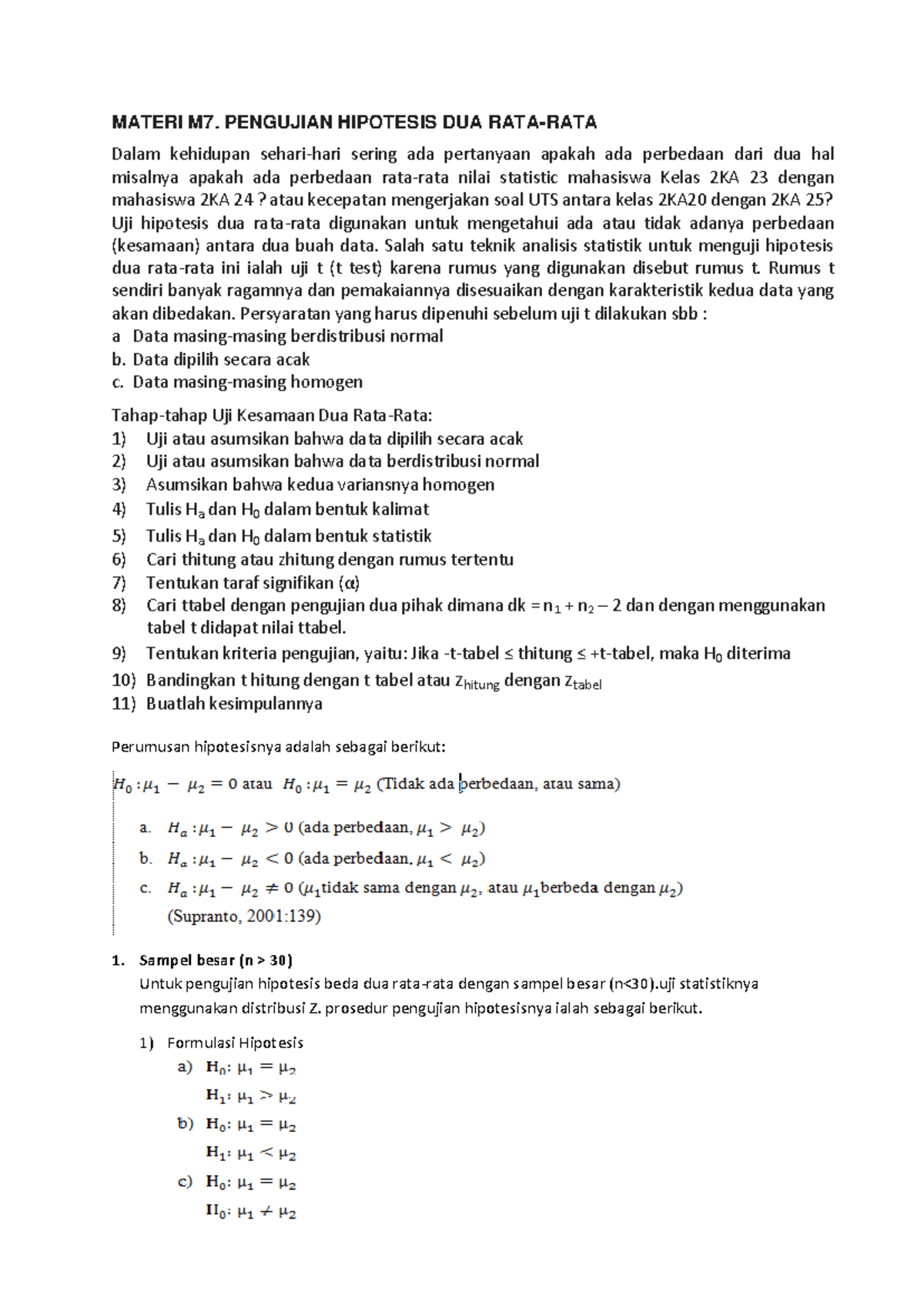 Materi M7 Pengujian Hipotesis Dua Rata Rata Uji Z Dan Uji T Warning Tt Undefined Function 32 Warning Tt Undefined Function 32 Materi M7 Pengujian Hipotesis Studocu