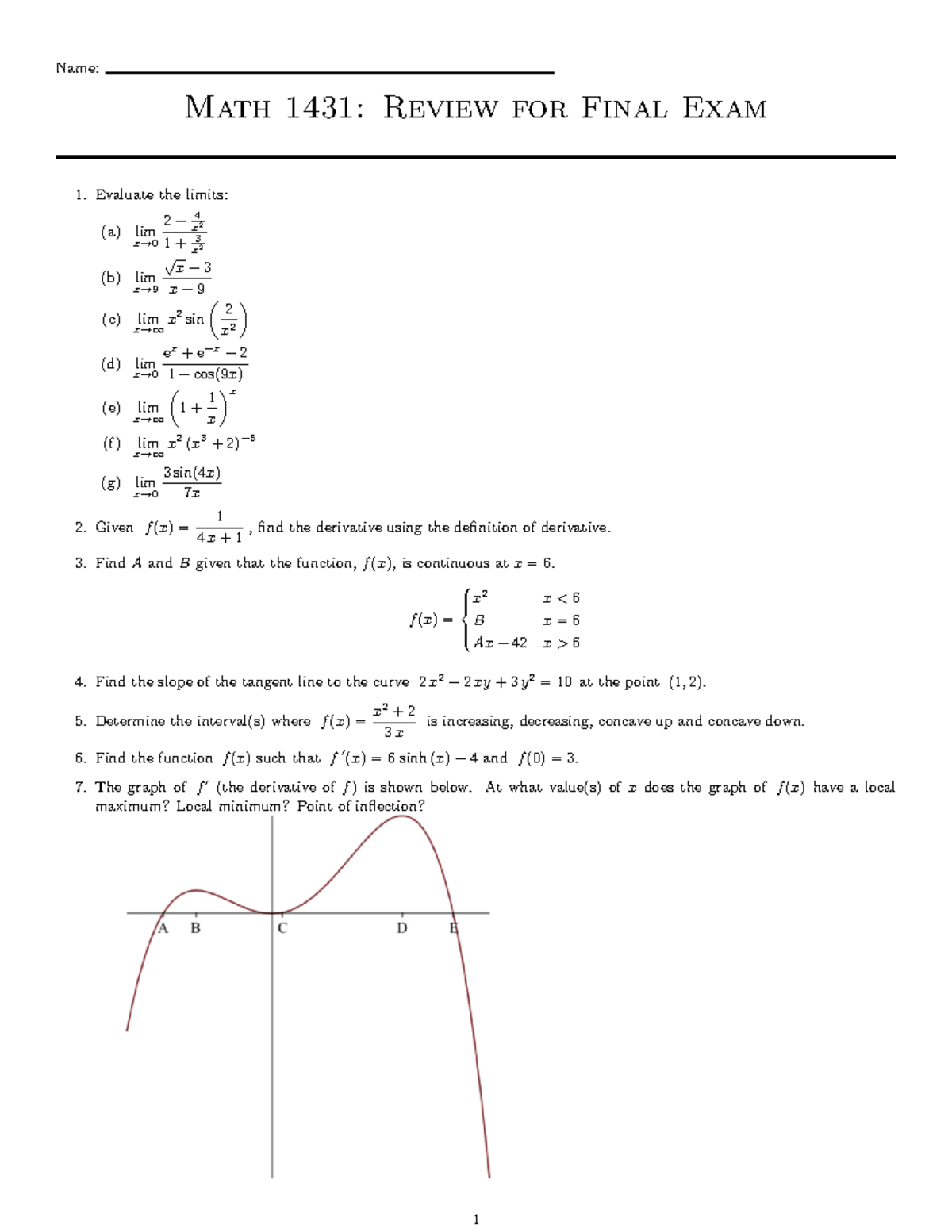 1431finalrev - test - Name: Math 1431: Review for Final Exam Evaluate ...