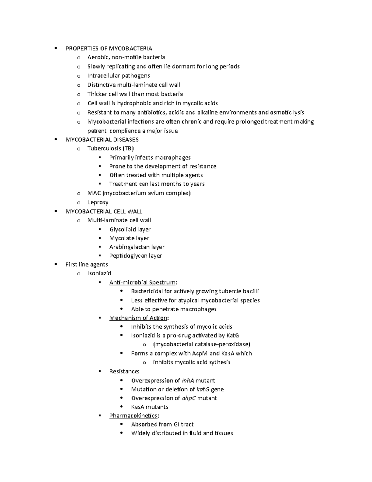 Antimycobacterial - notes - PROPERTIES OF MYCOBACTERIA o Aerobic, non ...