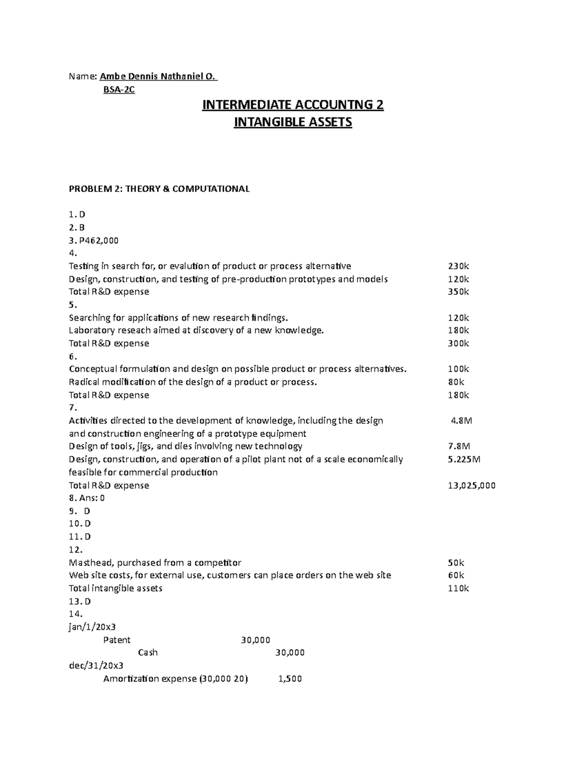 Intangible Assets - Name: Ambe Dennis Nathaniel O. BSA-2C INTERMEDIATE ...