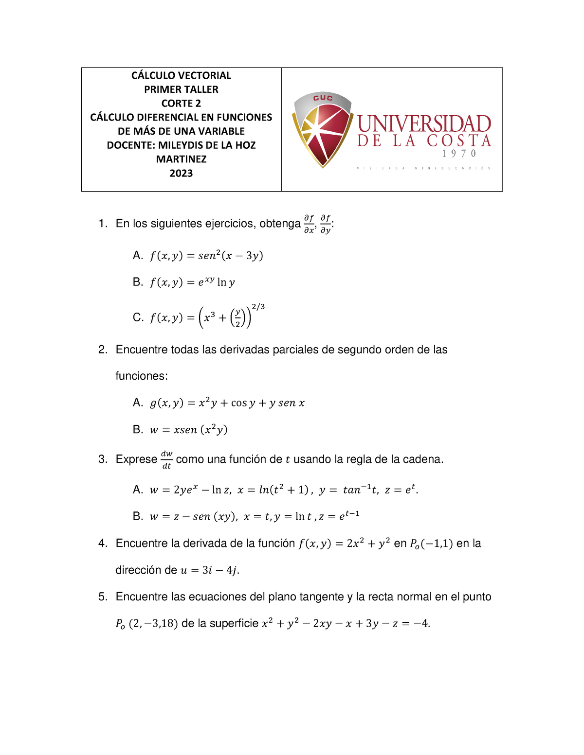 Cálculo Vectorial- Taller - C¡LCULO VECTORIAL PRIMER TALLER CORTE 2 C ...