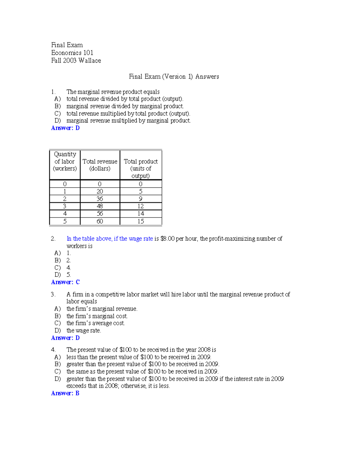 Exam 2003, questions and answers - economics 101 - Final Exam Economics ...