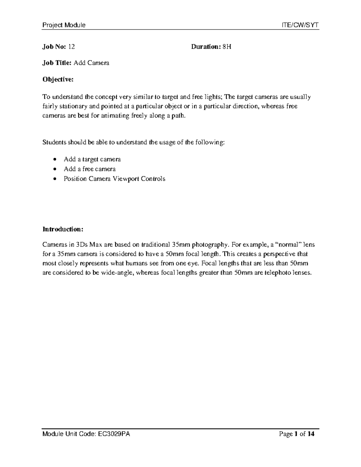 Chapter 8 add camera 8 - Lecture notes 8 - Job No: 12 Duration: 8H Job ...