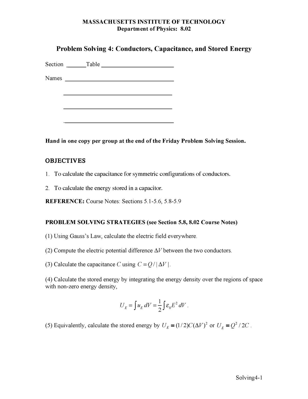 Solving 04 - Department Of Physics: 8. Problem Solving 4: Conductors ...