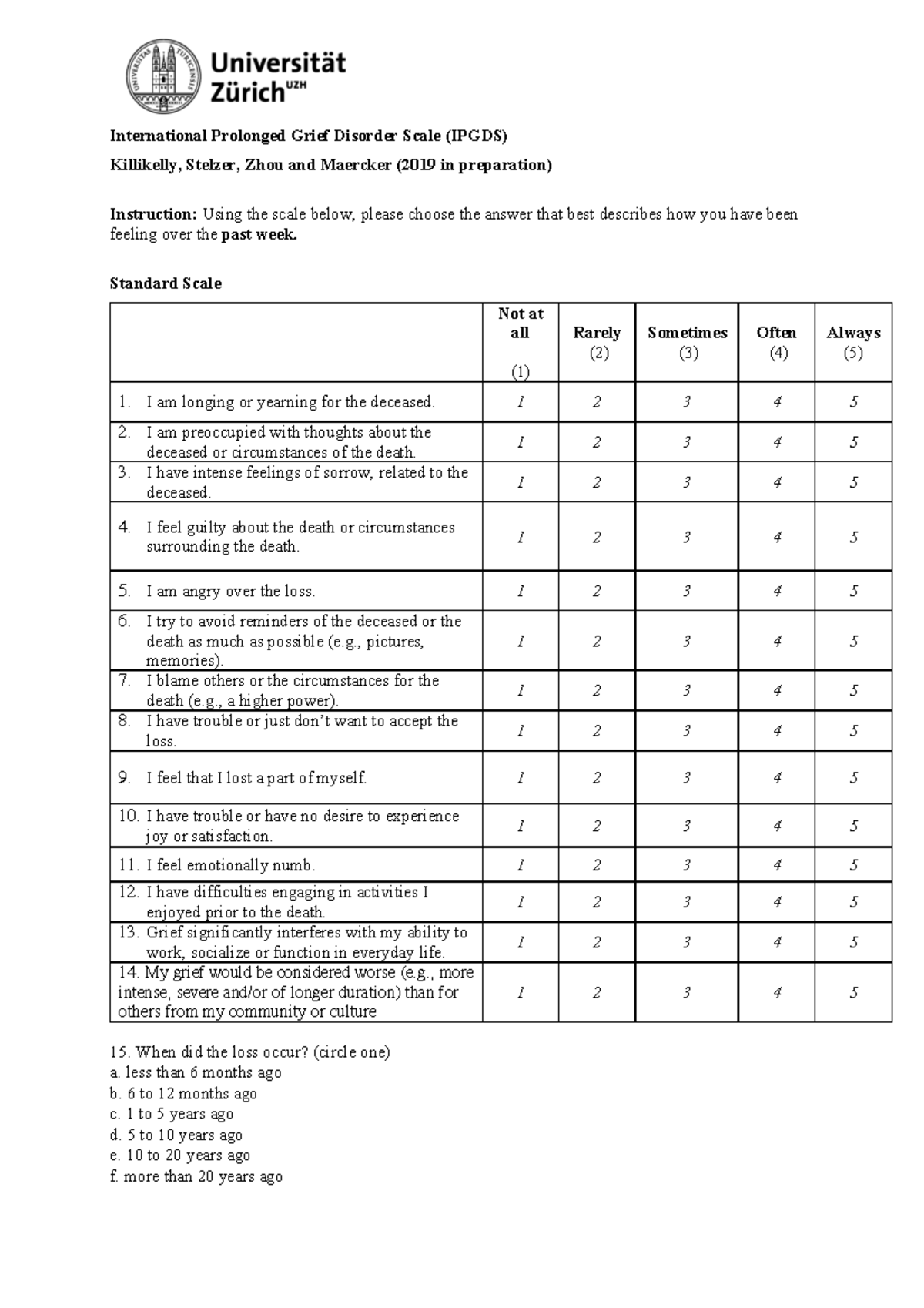 International Prolonged Grief Disorder Scale - Standard Scale Not at ...