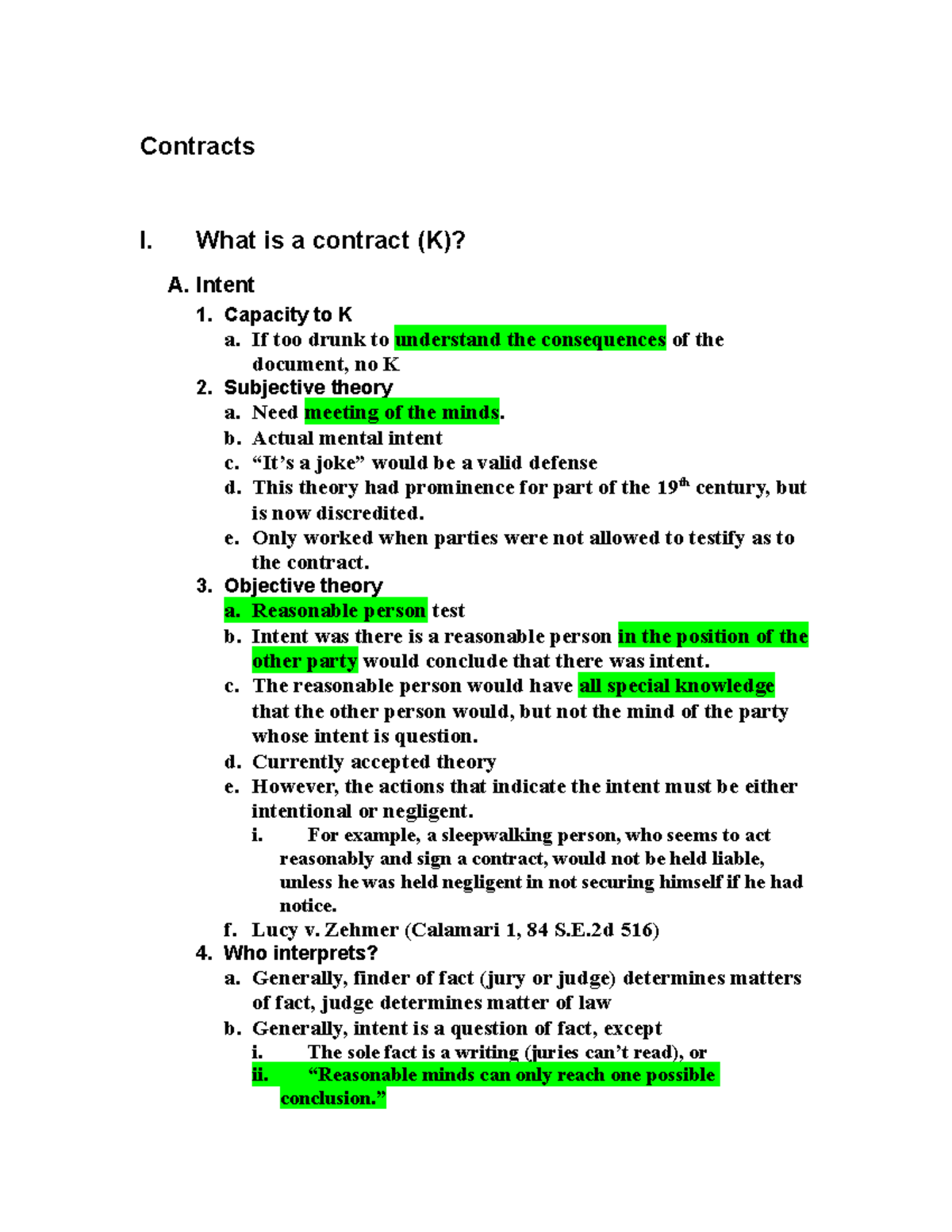 Contract Law Outline - 1 - Contracts I. What is a contract (K)? A ...