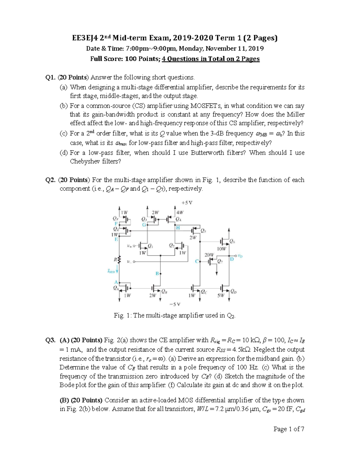 Midterm 2 Fall 2019 - EE3EJ4 2nd Mid-term Exam, 2019-2020 Term 1 (2 ...