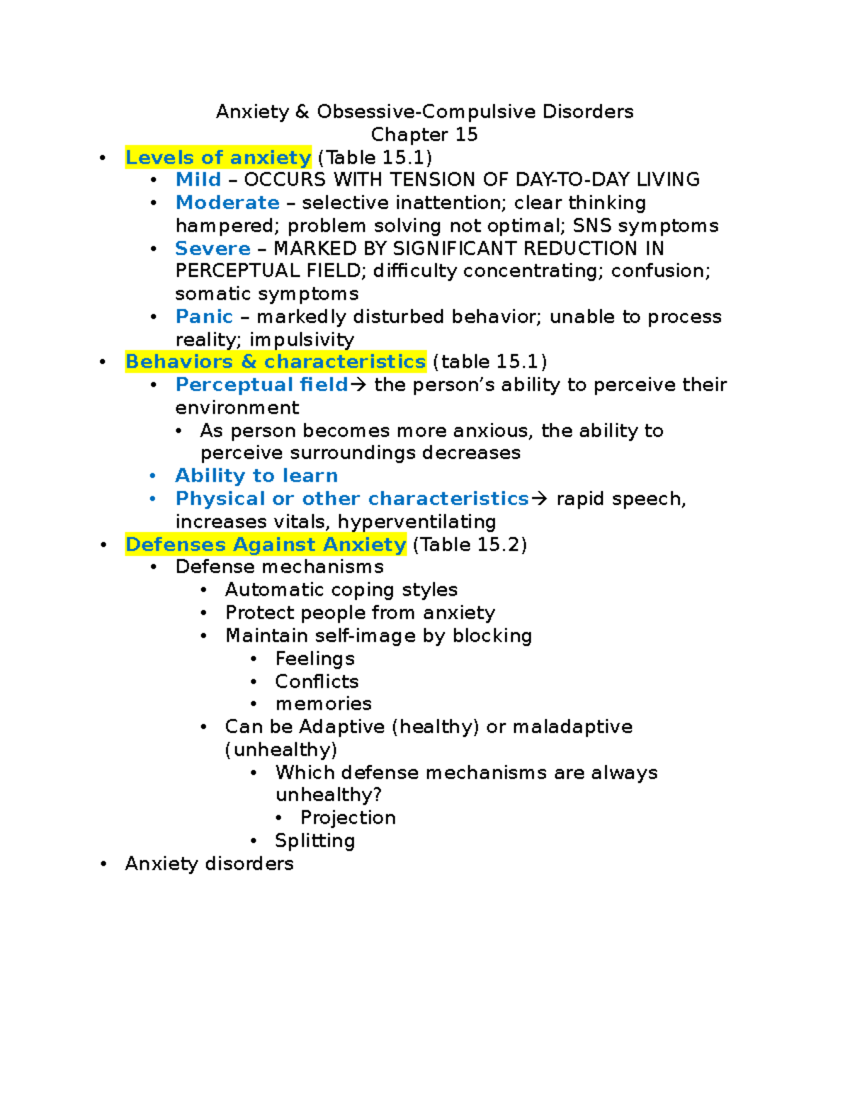 Anxiety and ODC - Notes - Anxiety & Obsessive-Compulsive Disorders ...