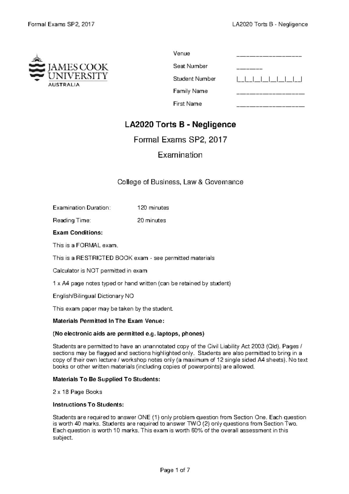 Torts B - Negligence - 2017 - SP2 - Examination For LA2020 - LA2020 ...