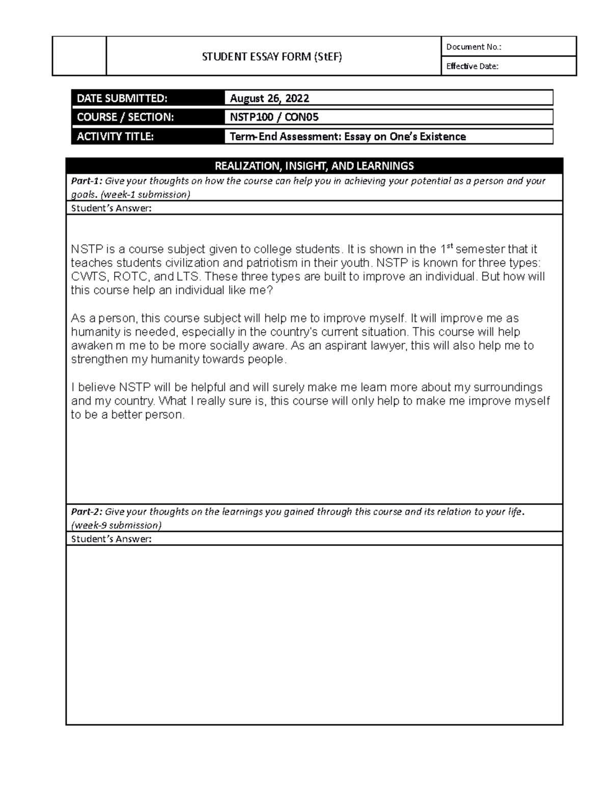 Form - NSTP1 00 Term-End Assessment - Essay on One's Existence ...