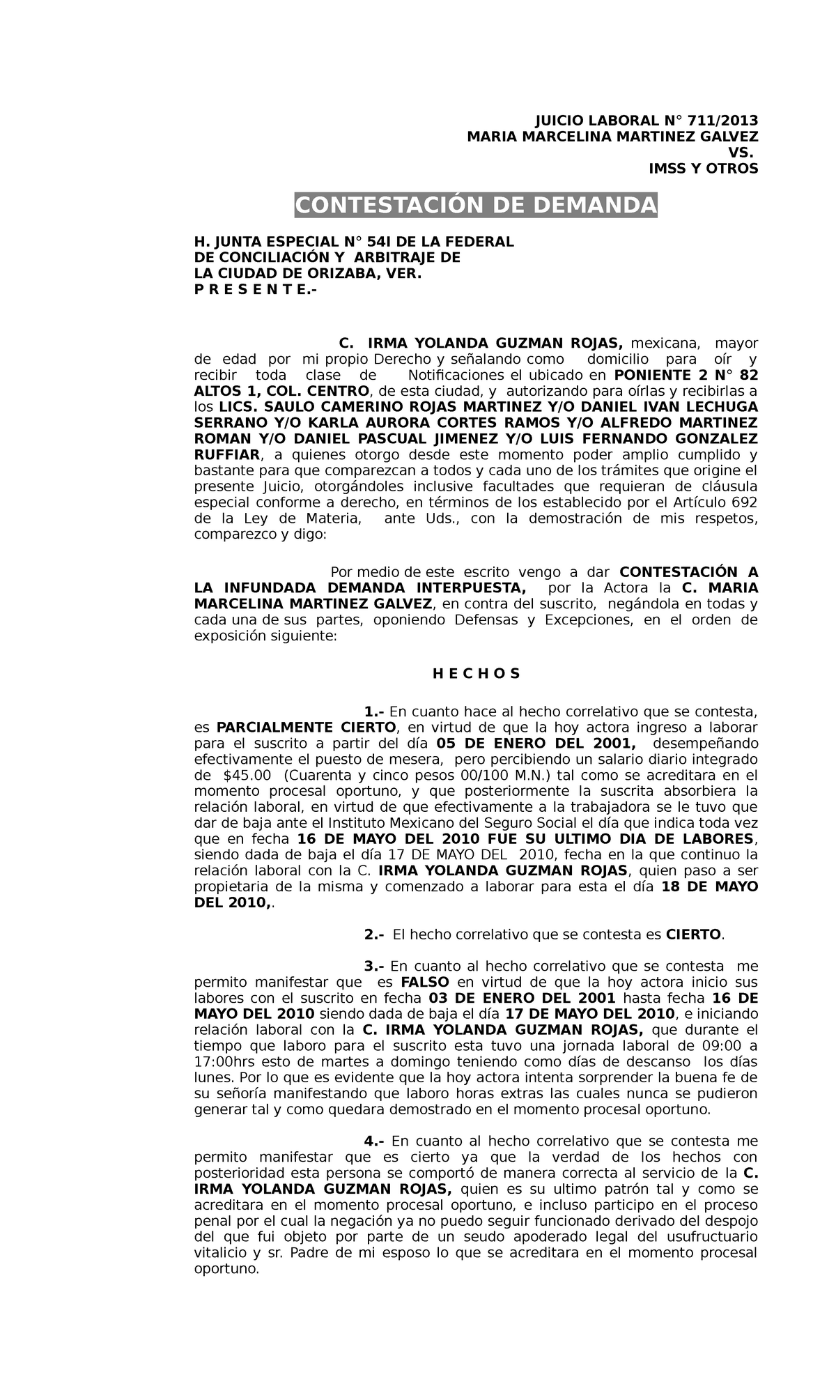 Contestacion, Esposa - FORMATO - JUICIO LABORAL N° 711/ MARIA MARCELINA ...
