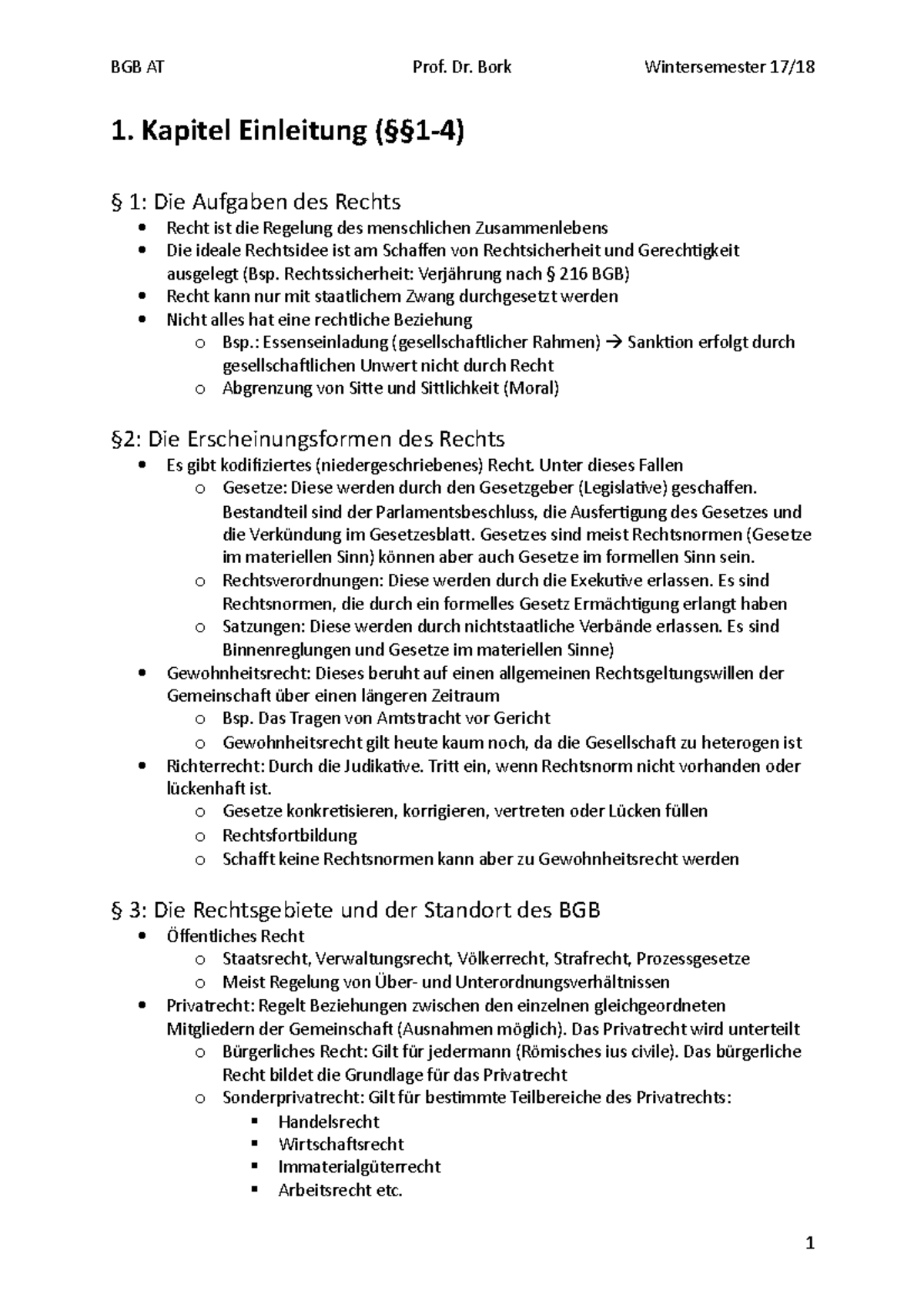 BGB Allgemeiner Teil - 1. Kapitel Einleitung (§§1-4) § 1: Die Aufgaben ...