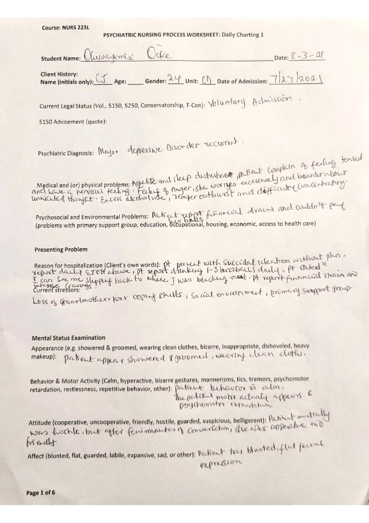 Mental health nursing process worksheet 6 - NURS 222 - Studocu