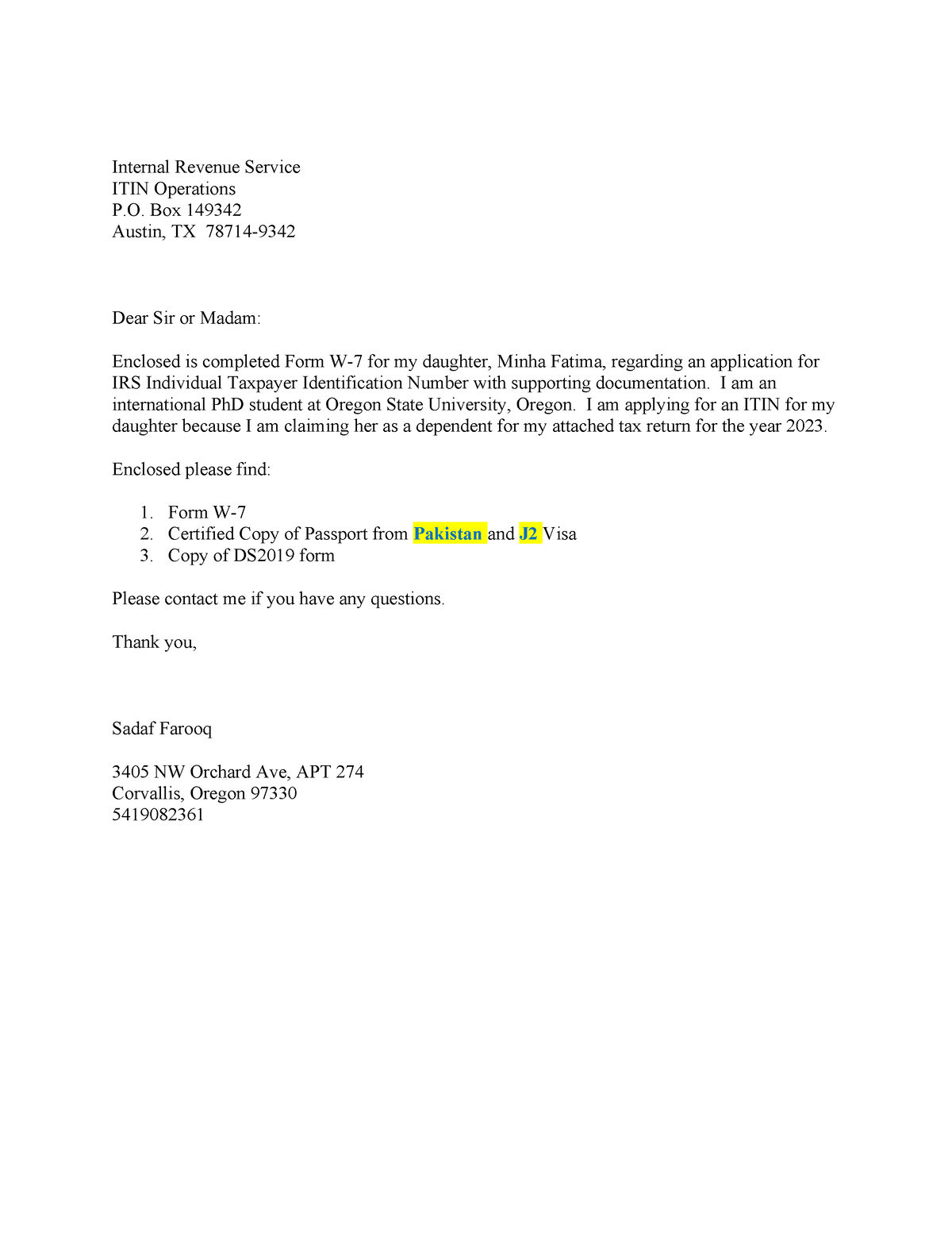 Sample Itincover Letter Internal Revenue Service ITIN Operations P