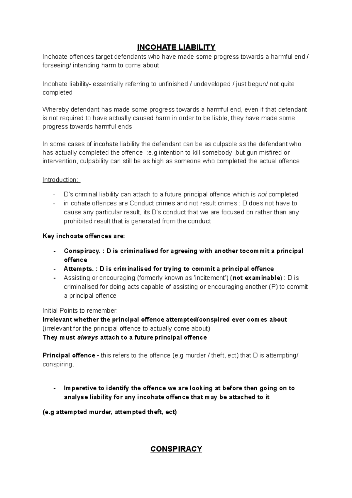 Crim - incohates - criminal incohate defences - INCOHATE LIABILITY ...