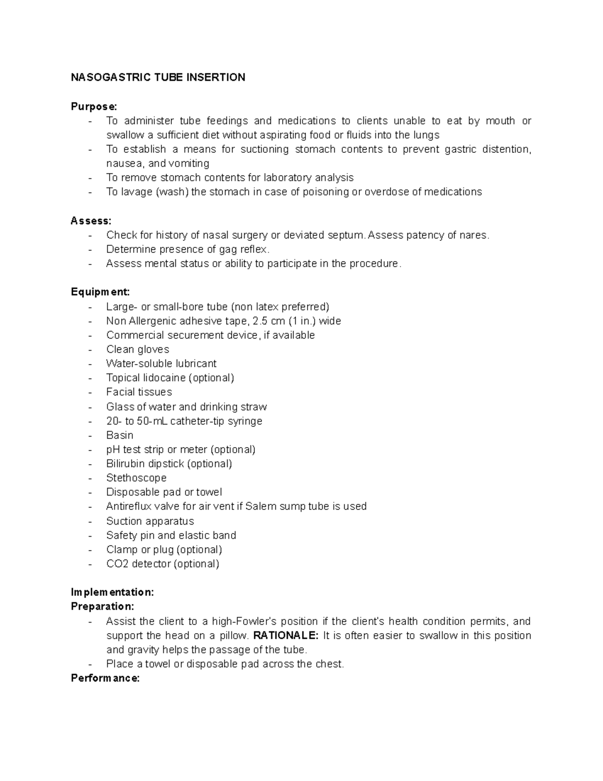 Nasogastric TUBE Insertion - NASOGASTRIC TUBE INSERTION Purpose: - To ...