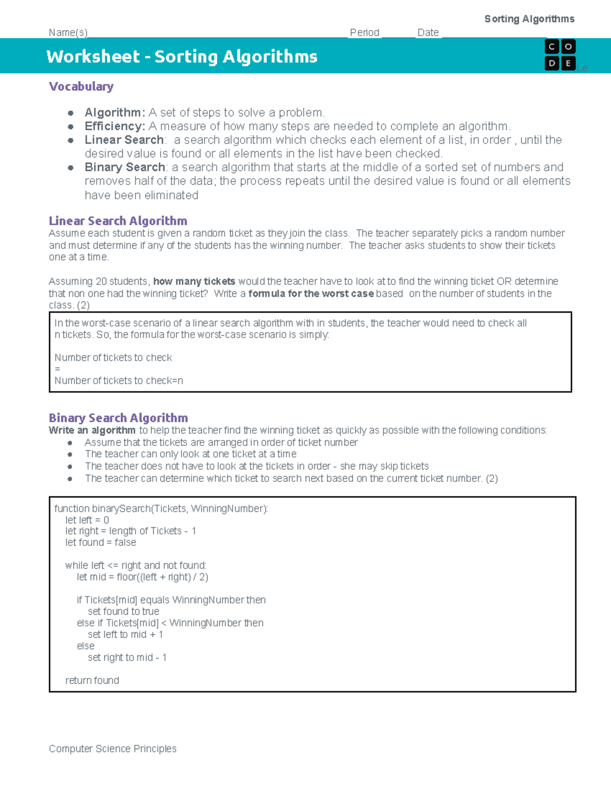 Copy of Apcsp- 4.4.2024 Worksheet - Sorting Algorithms - Sorting ...