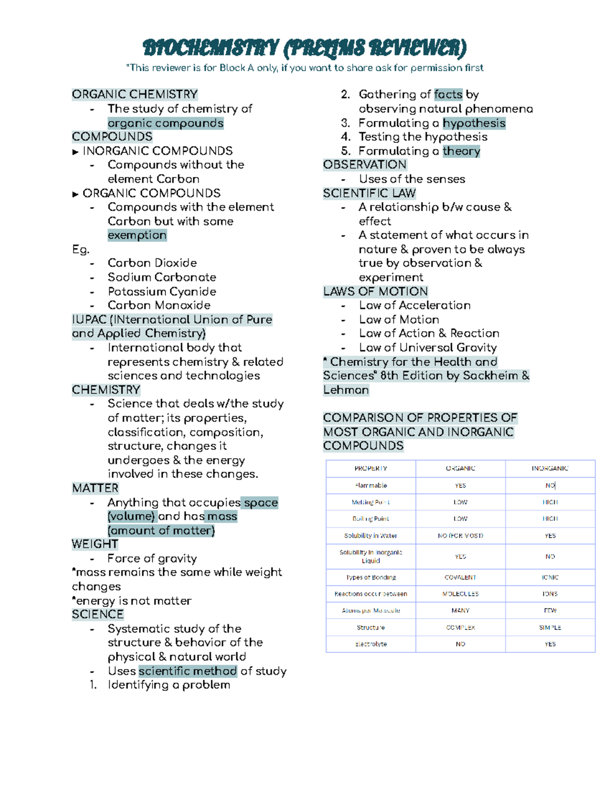 Biochemistry (1ST Semester I Prelims) - *This reviewer is for Block A ...