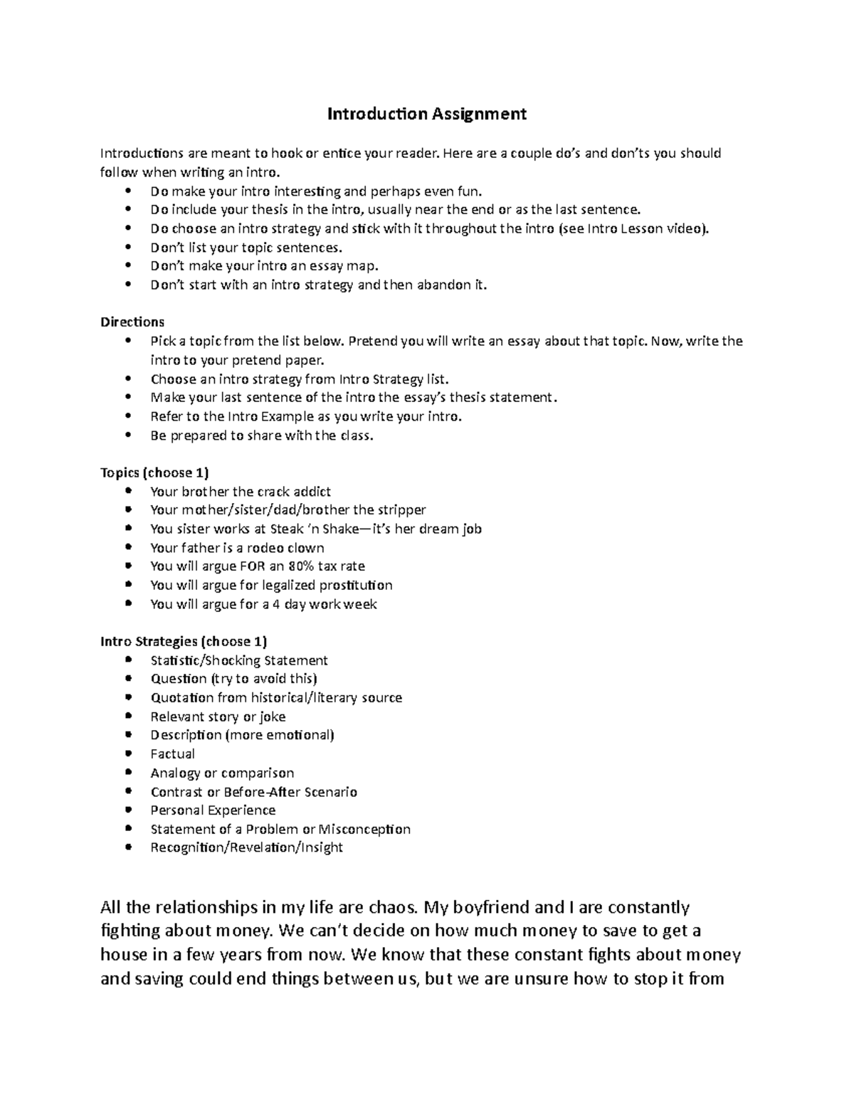 Introduction WS - Introduction Assignment Introductions are meant to ...