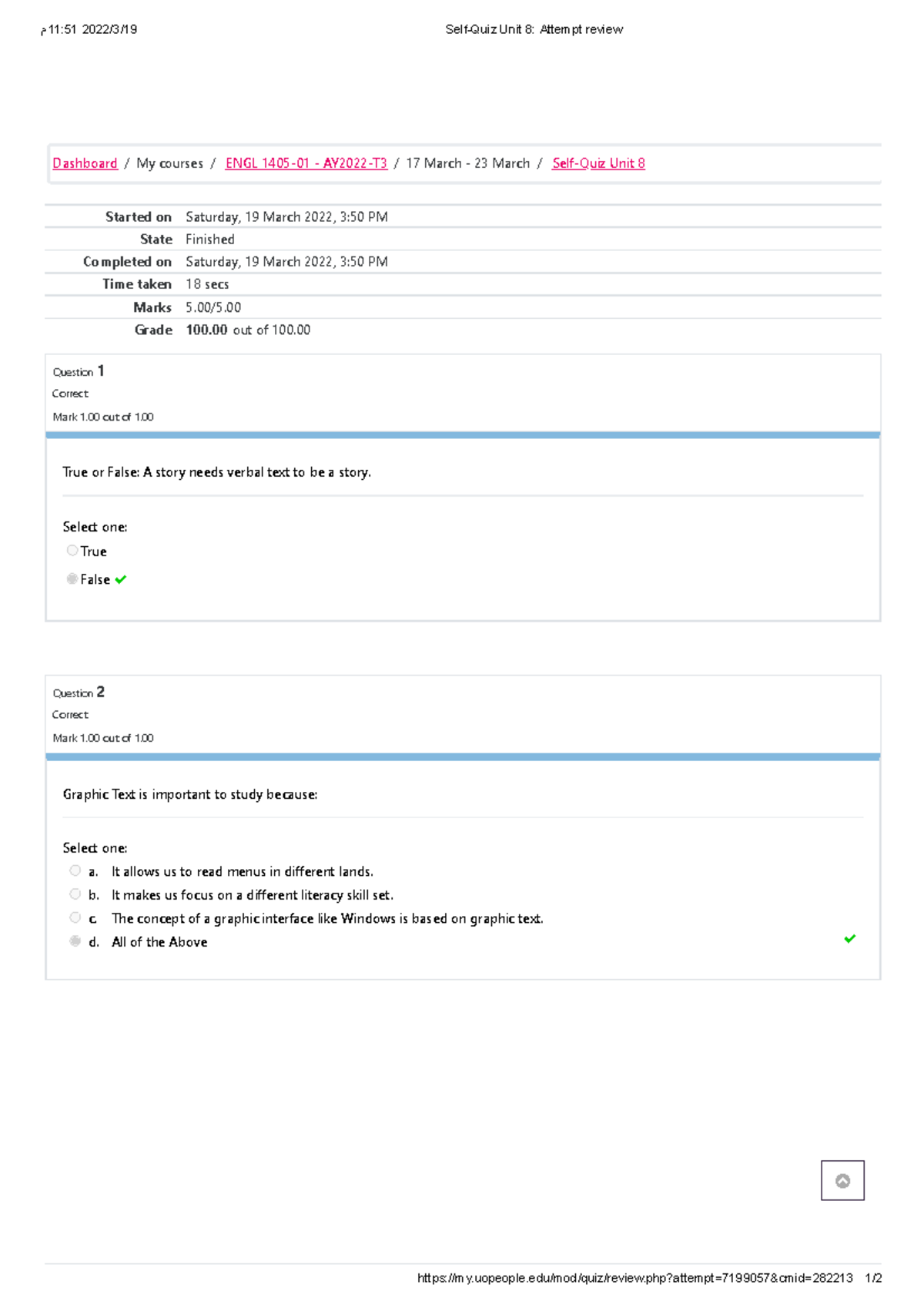 Self-Quiz Unit 8 Attempt Review ENGL 1405 - 19 /3 /2022 11:51 م Self ...