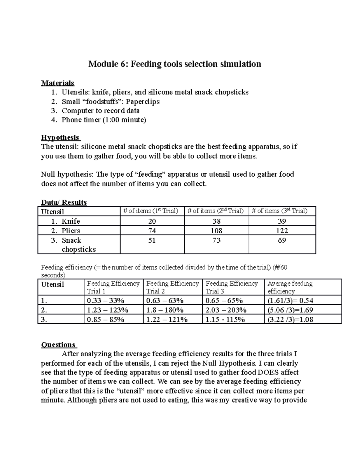 Module 6 Feeding tools selection simulation Module 6 Feeding tools