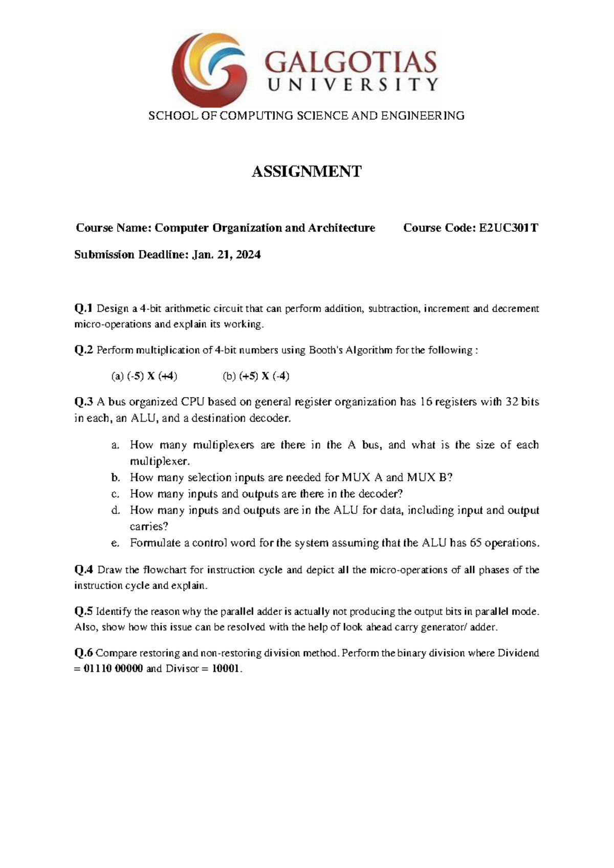 Assignment for COA 3rd Sem - SCHOOL OF COMPUTING SCIENCE AND ...