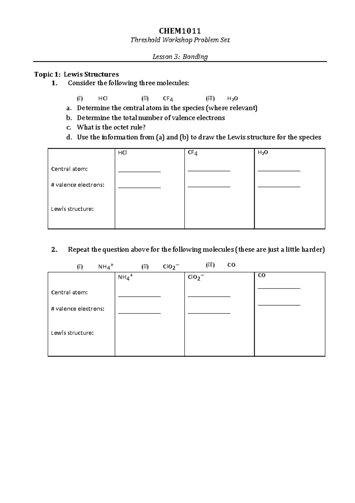 Threshold Worksheets CHEM Threshold Problem Set Lesson 3