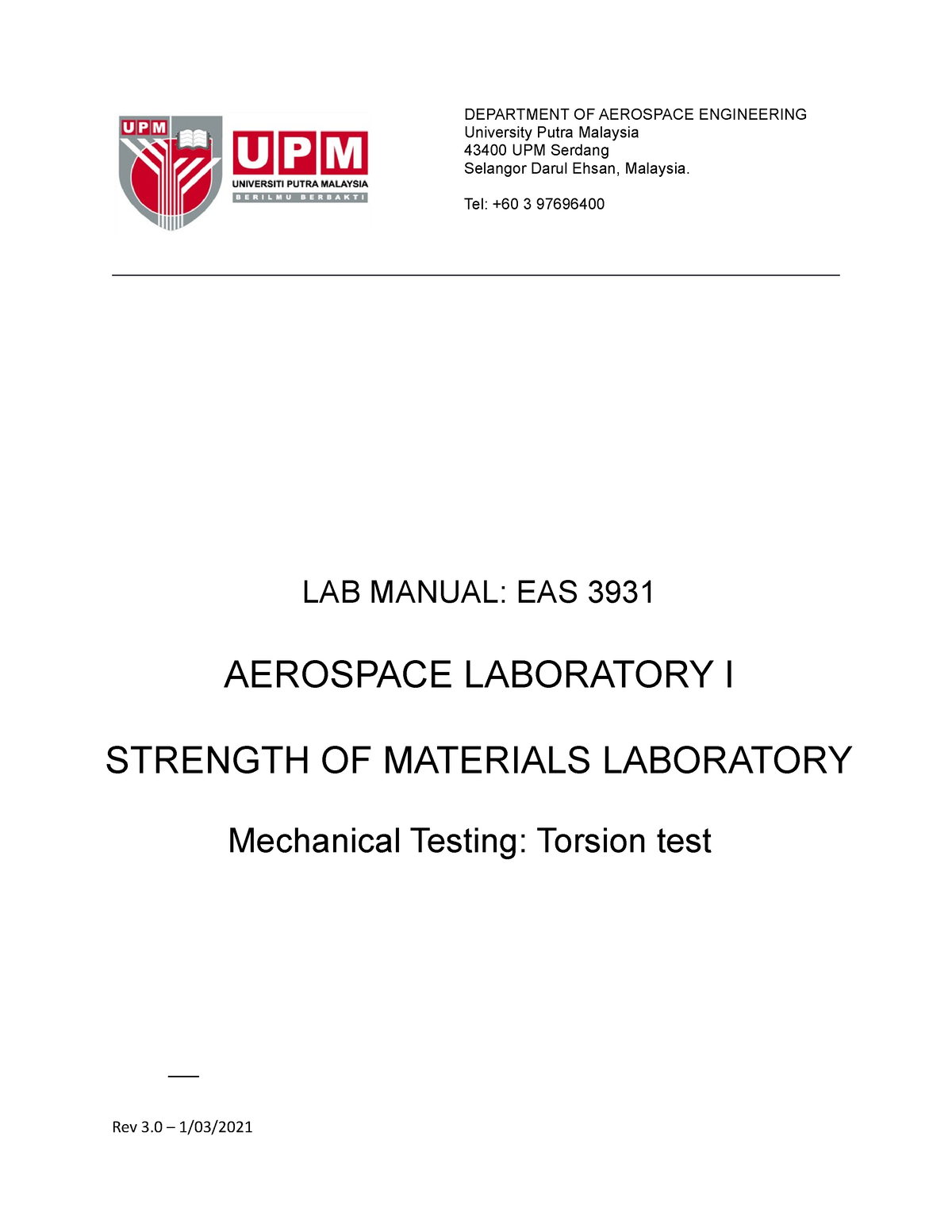 Strength Of Materials Lab Torsion - Rev 3 – 1/03/ DEPARTMENT OF ...