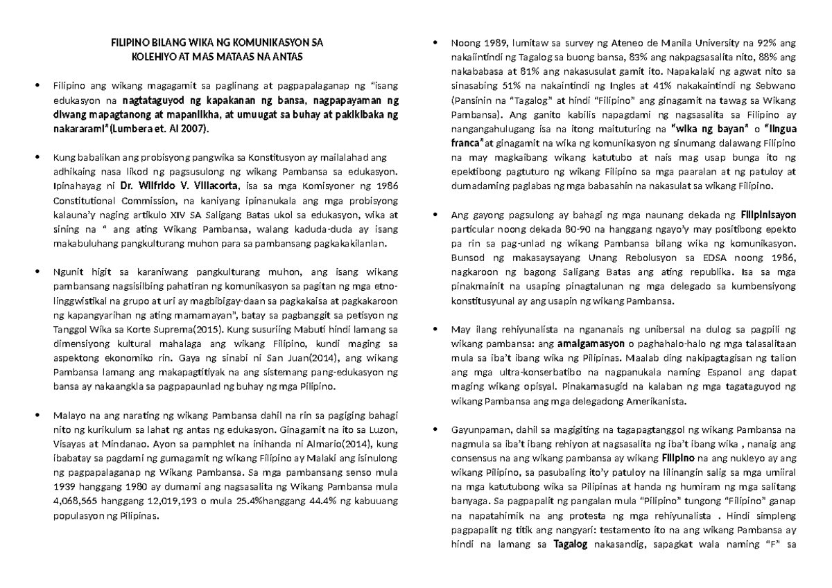 FILI PPT - notes, summary - FILIPINO BILANG WIKA NG KOMUNIKASYON SA ...