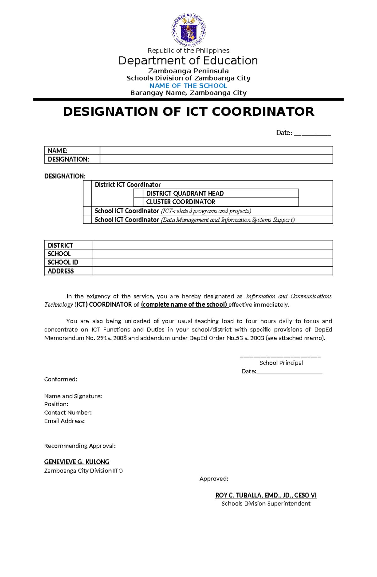 ICT Designation Template - Republic of the Philippines Department of ...