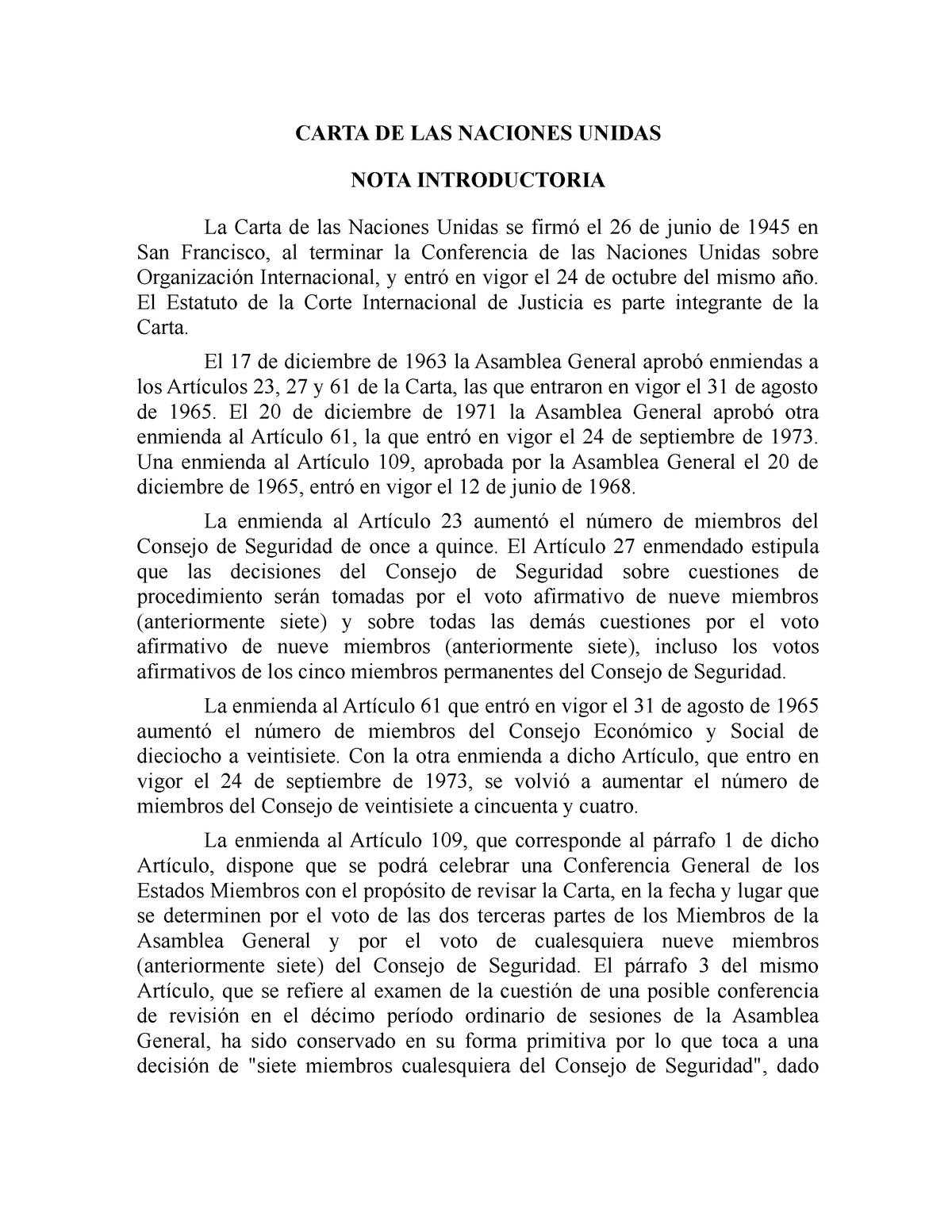 Carta DE LAS Naciones Unidas - CARTA DE LAS NACIONES UNIDAS NOTA ...