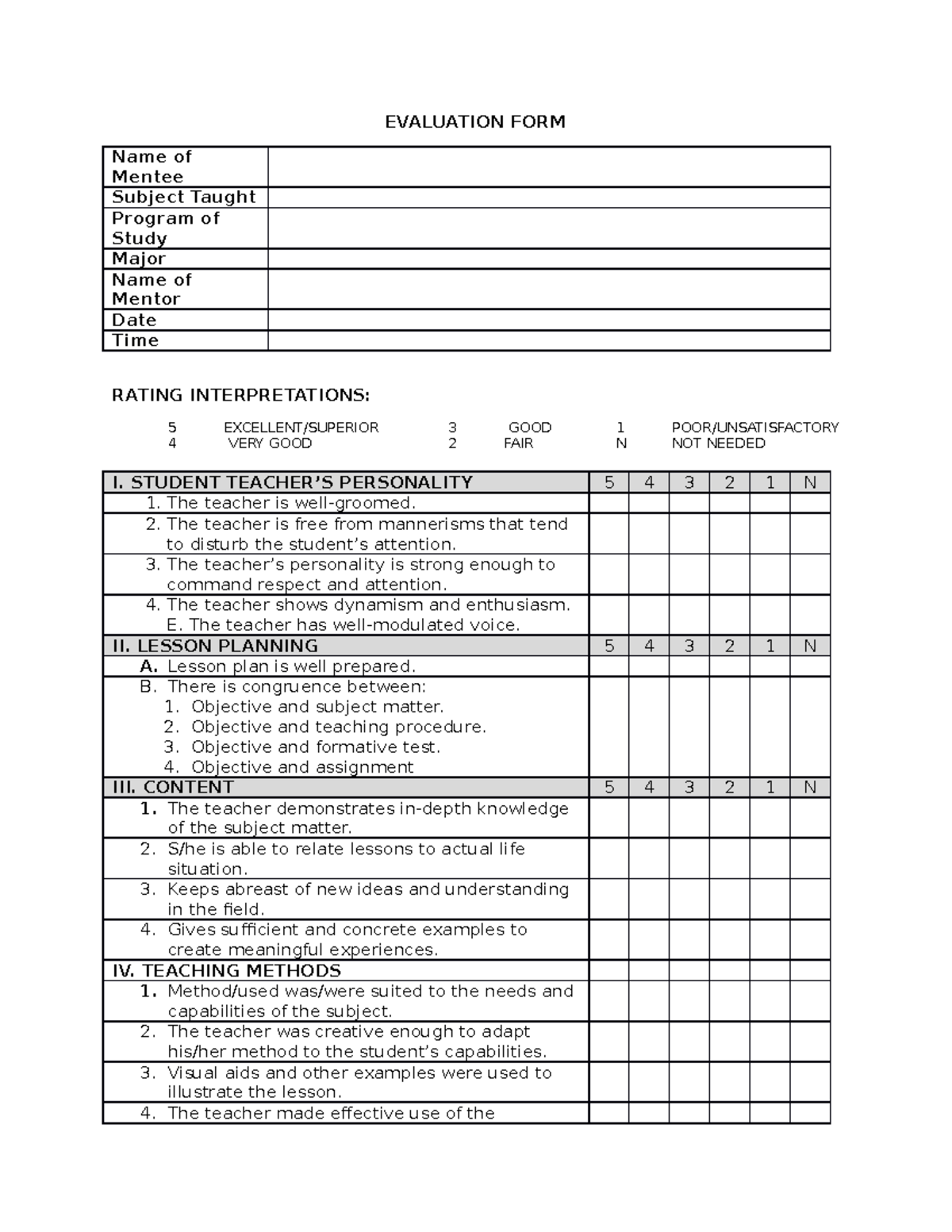 Evaluation FORM demonstration - EVALUATION FORM Name of Mentee Subject ...