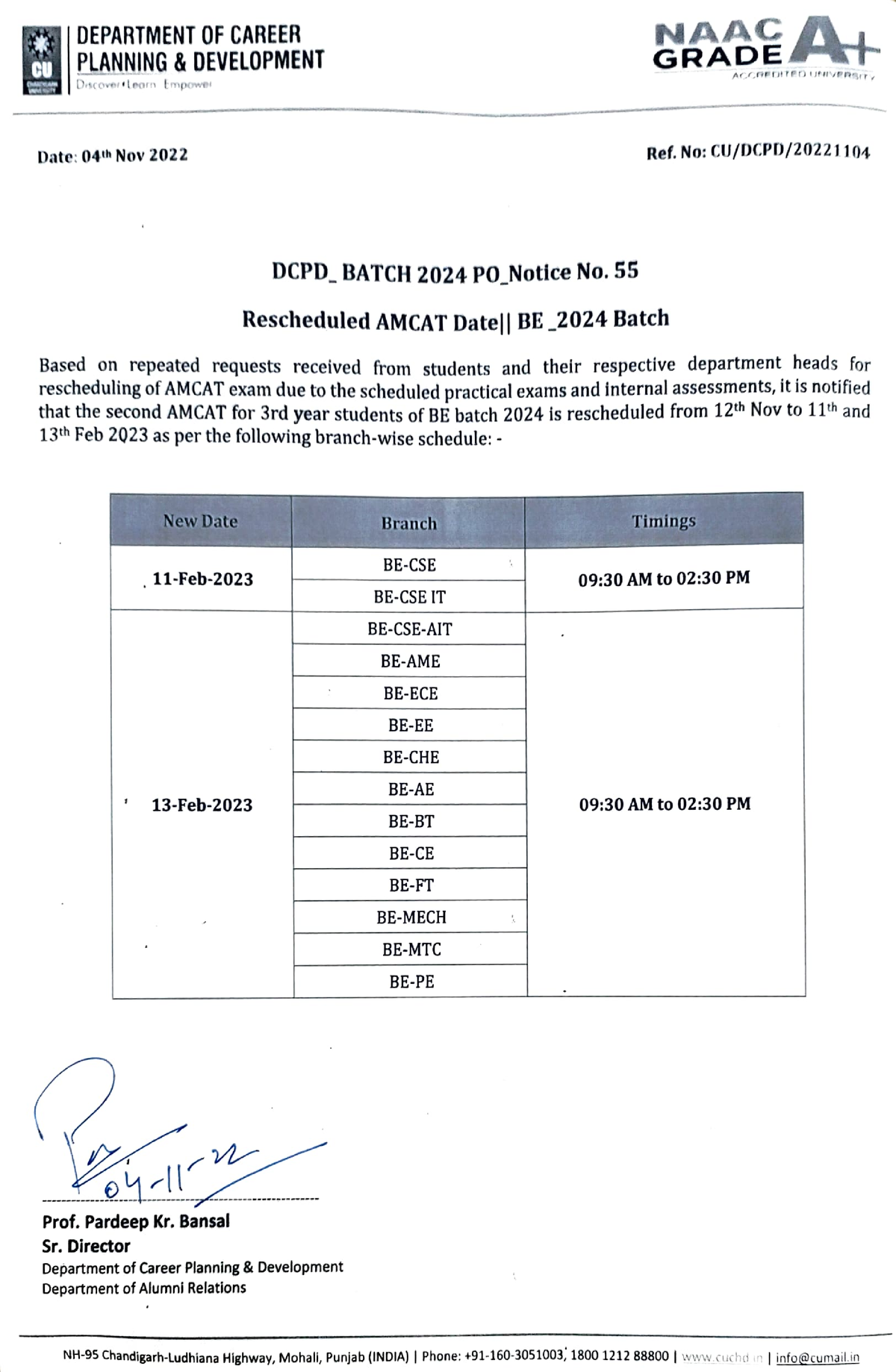 Postponement of Amcat BE 2024 Batch DEPARTMENT OF CAREER PLANNING