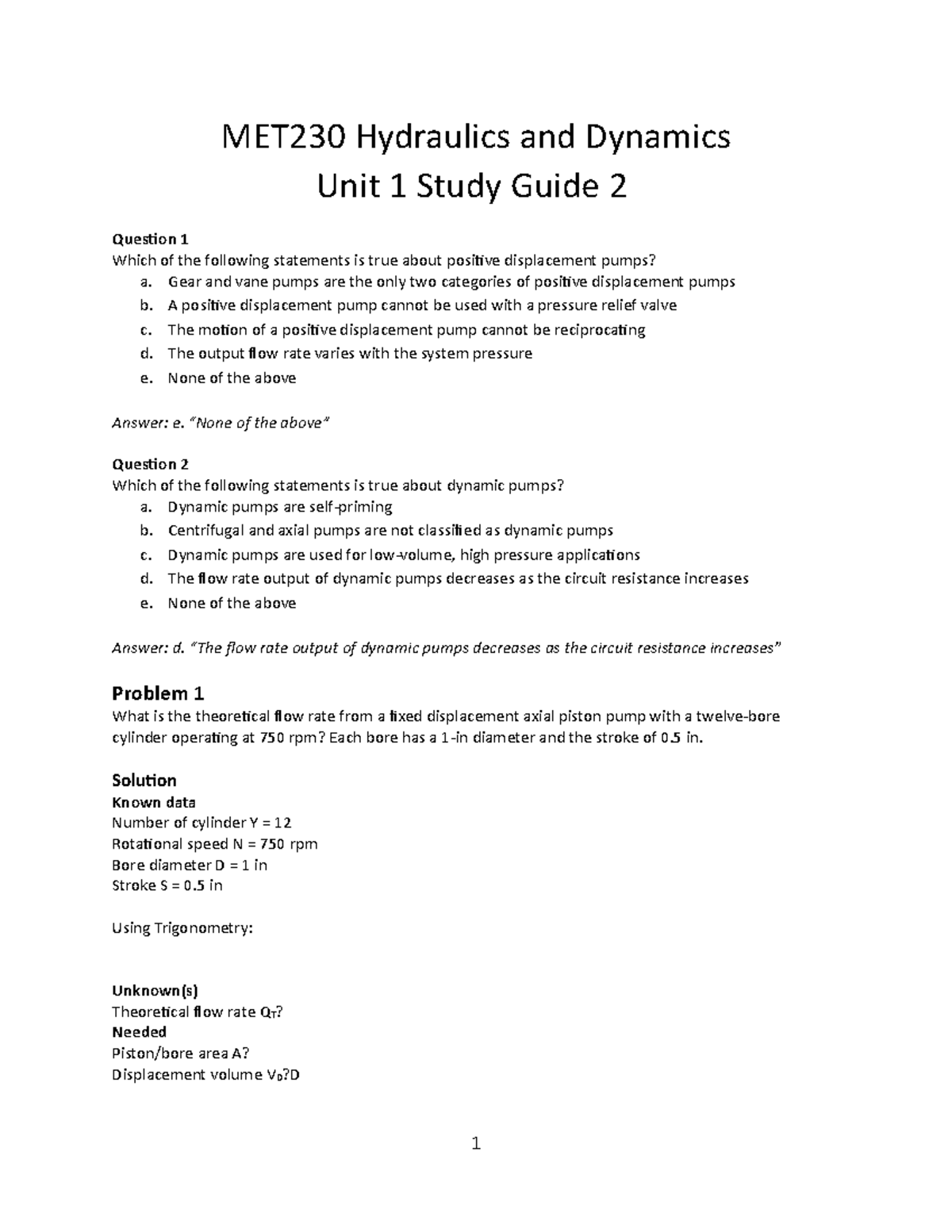 Wk1 Study Guide 2 - Practice Unit 1 Exam - MET230 Hydraulics And ...